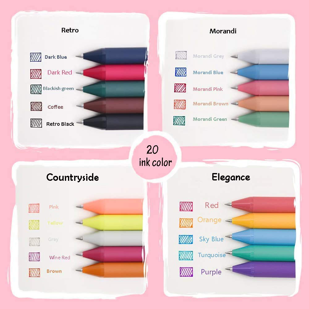 4 Packs KACO Gel Ink Pens Retractable 20 different ink color Extra Fine Point (0.5mm) for Drawing