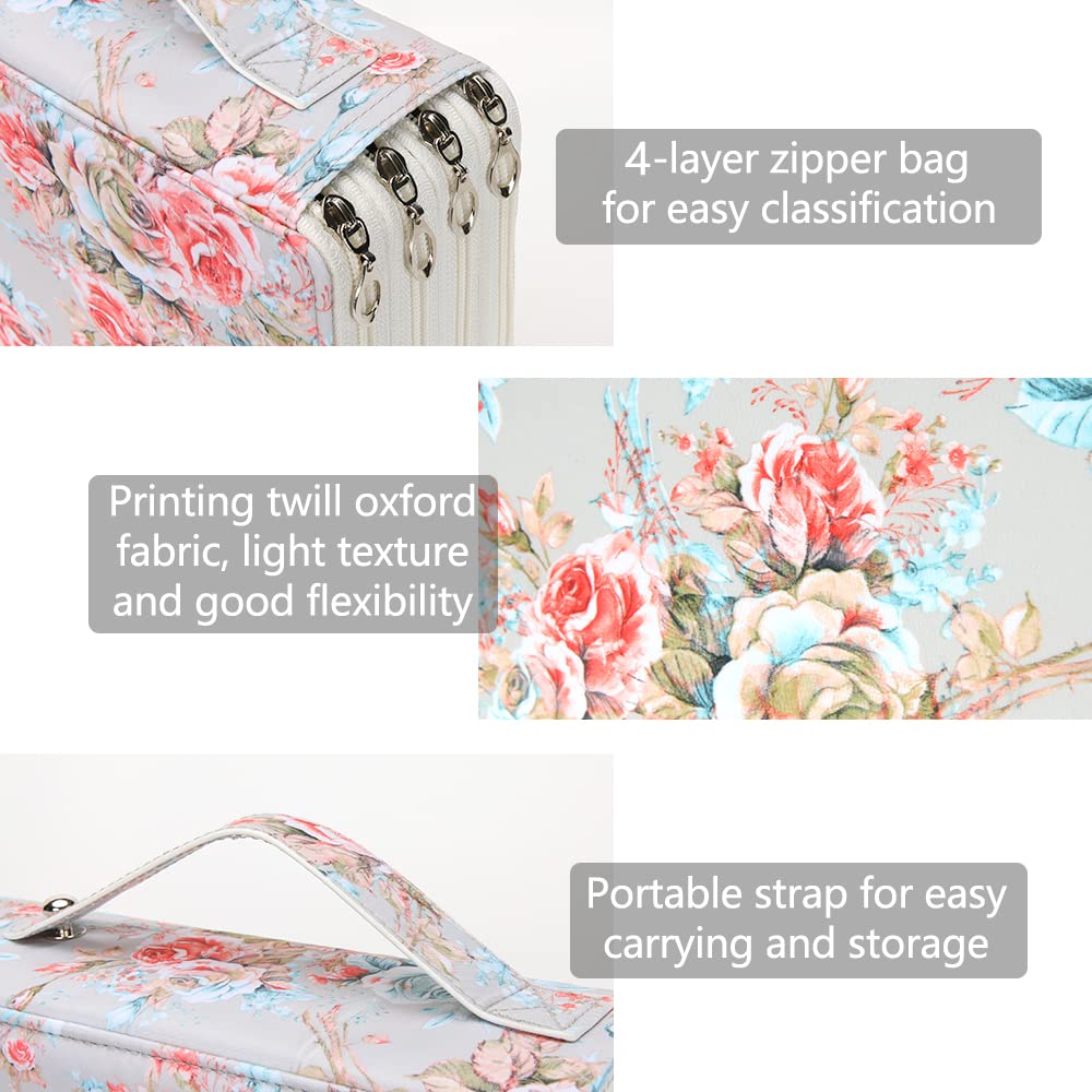 Vomgomfom 200 Slots Pencil Case 4-Layer PU Leather, Handle, Gray Rose