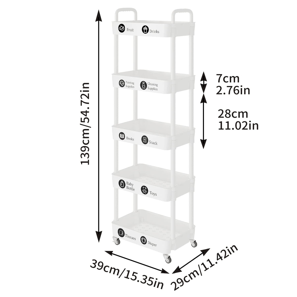 5 Tier Rolling Cart with Wheels, Utility Storage Carts,White