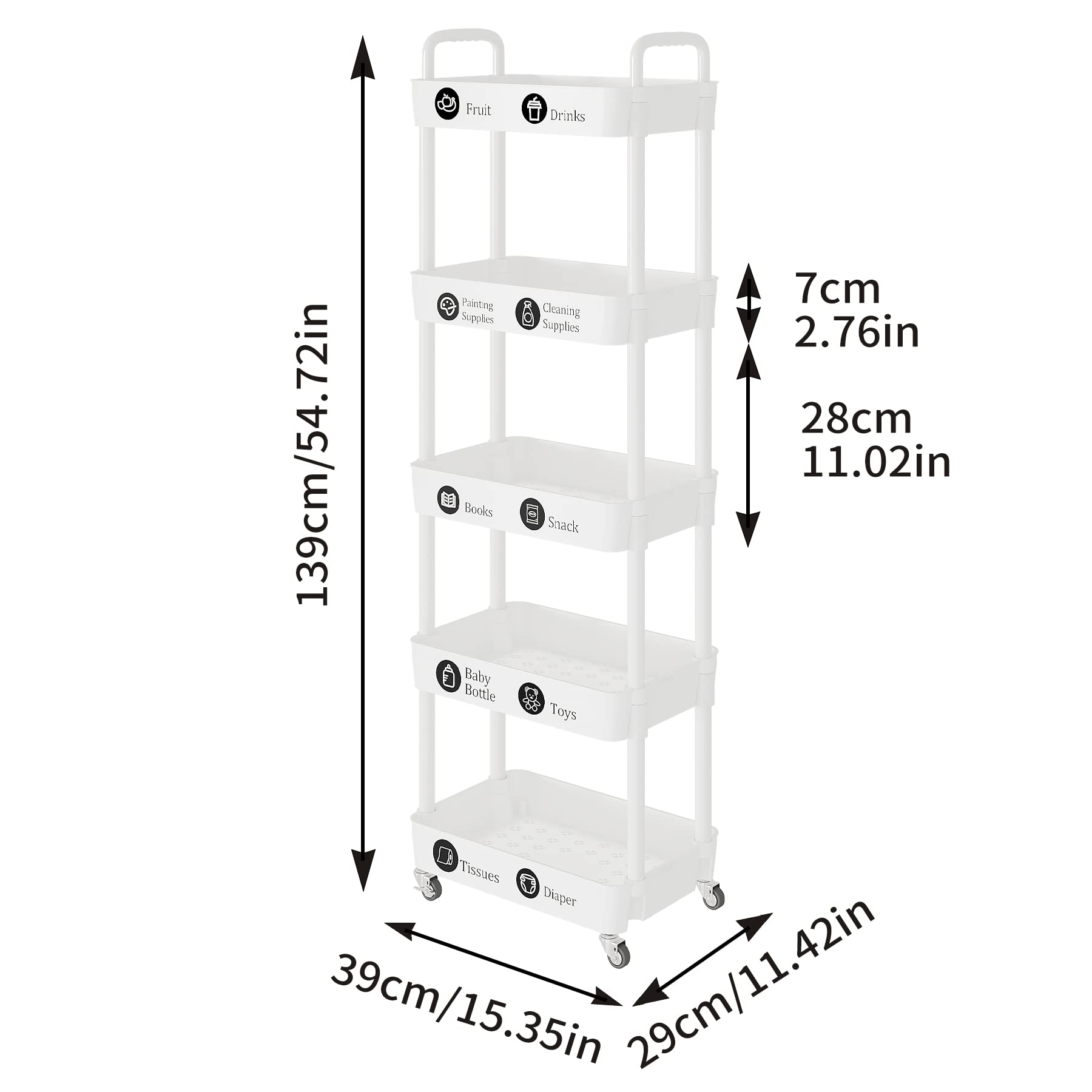 5 Tier Rolling Cart with Wheels, Utility Storage Carts,White