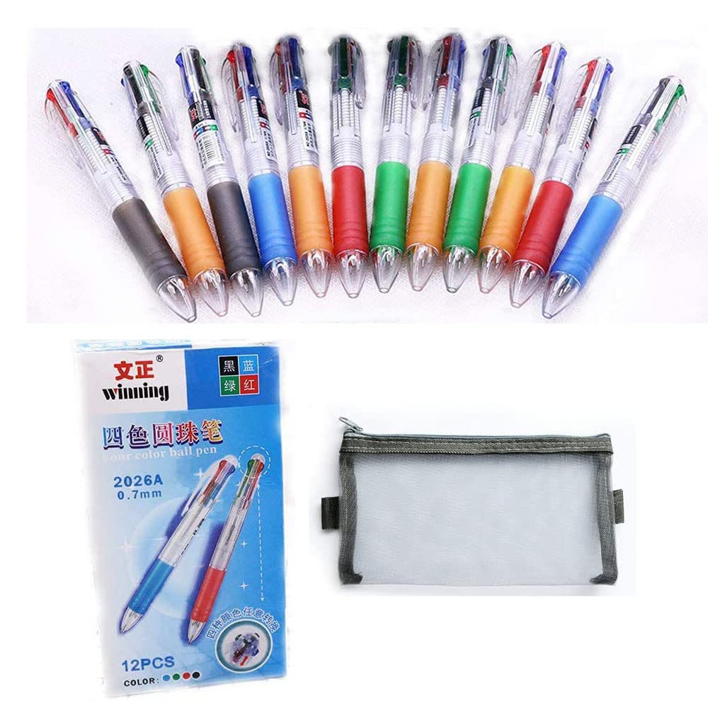 AEKAN 12 Pack Multicolor Pen Retractable 0.7mm 4 Color Ink(Black, Blue, Red, Green) in One