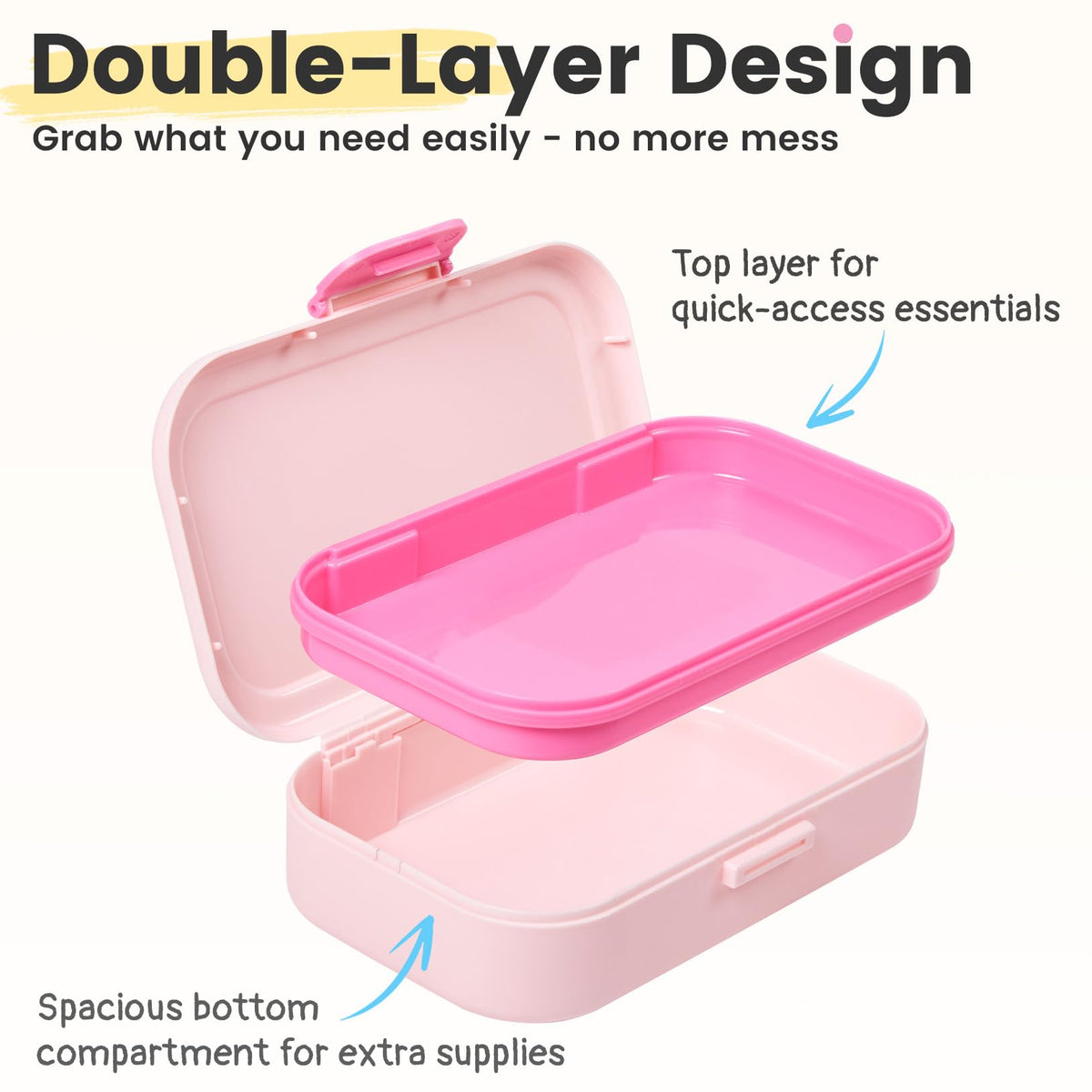 Sooez Double Layer Pencil Box, Plastic Pencil Case with Latch, Hard School Supply Box for Girls