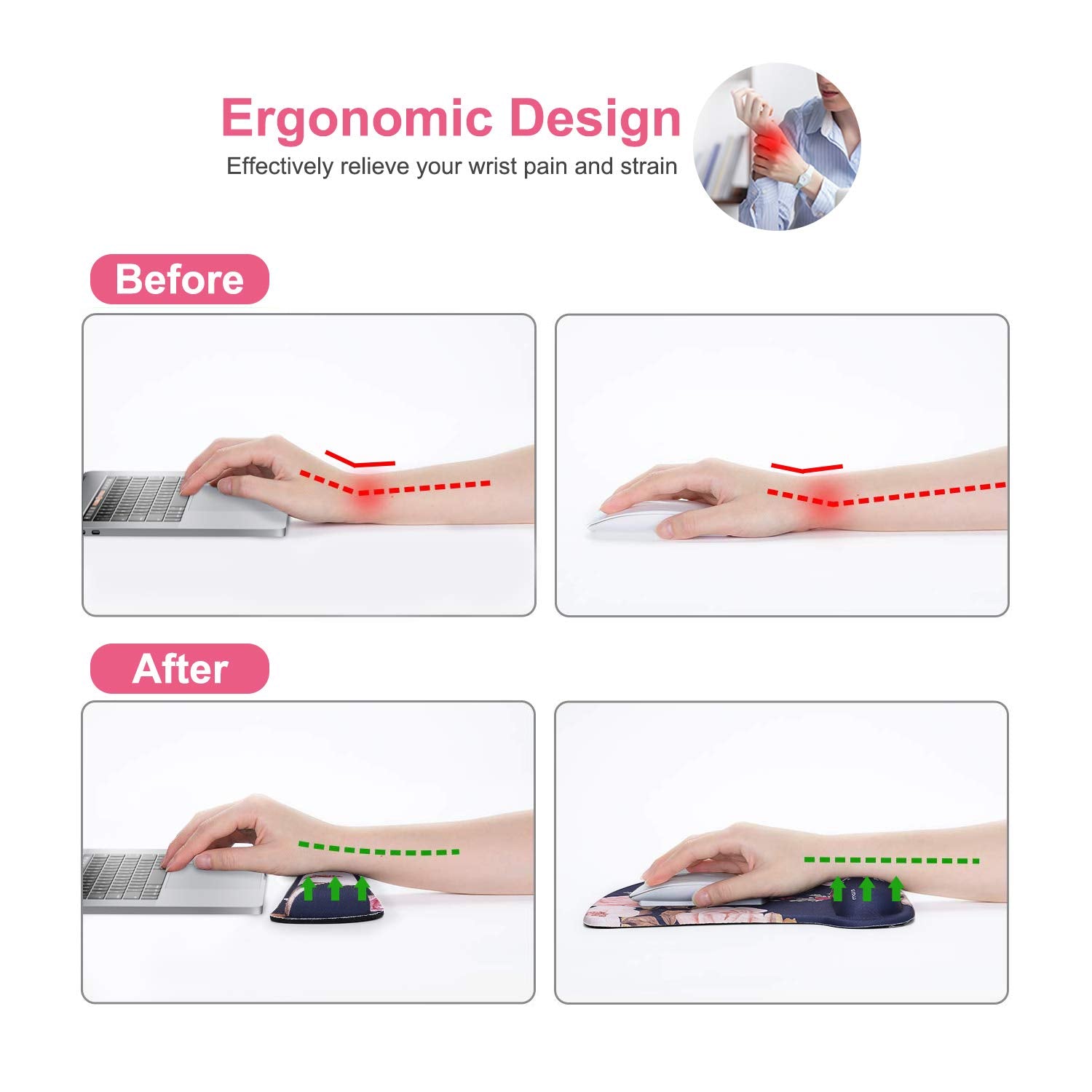 MOSISO Peony Wrist Rest Support for Mouse Pad & Keyboard Set, Blue