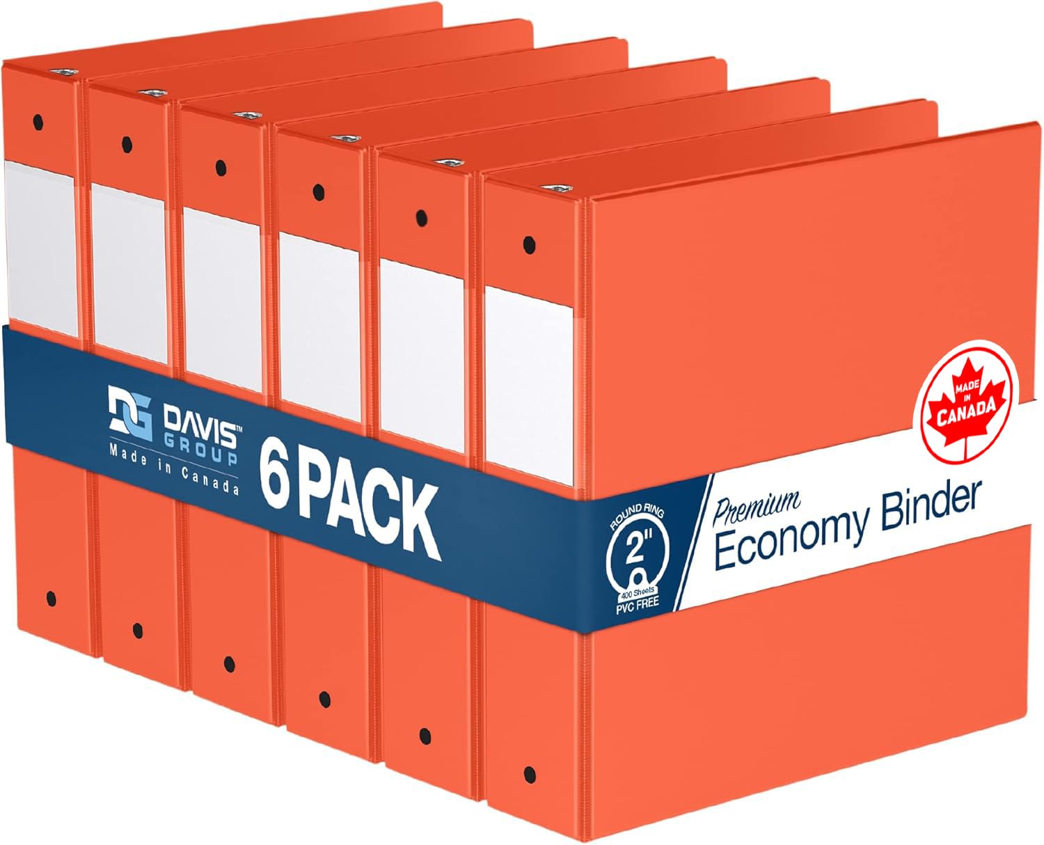 Premium Economy 3-Ring Binder, Spine Label, 2" Round Rings, Orange, 6 Pack