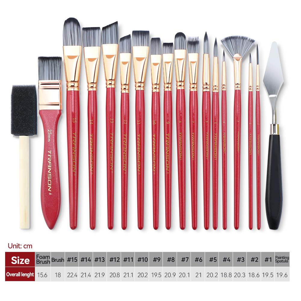 Transon 20Pcs Art Paint Brush Kit with Storage Case, 16 Brushes + Foam Brush Spatula Sponge for