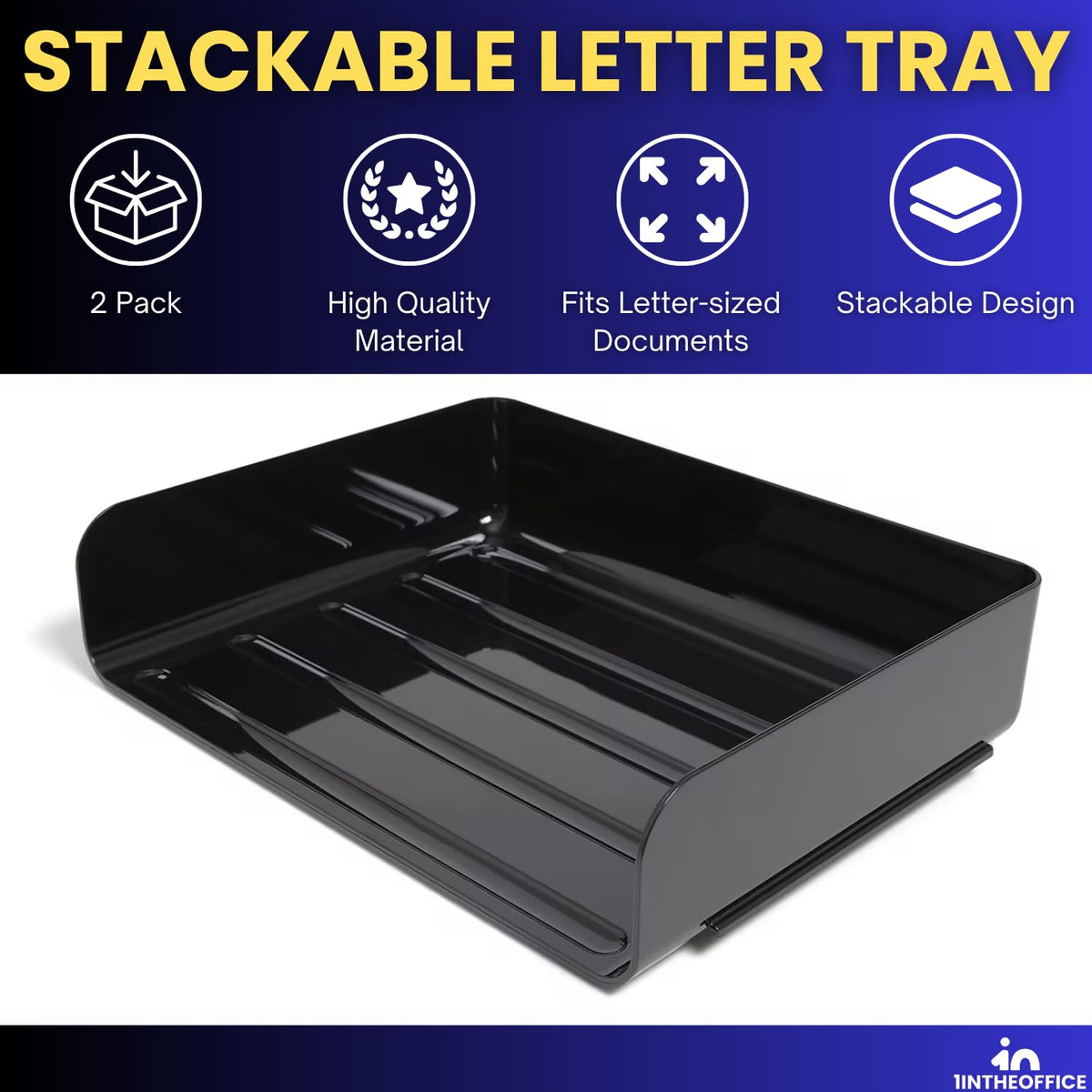 1InTheOffice 2-Tier Letter Tray Desk Organizer, Stackable, Side Load, Black, 2 Pack