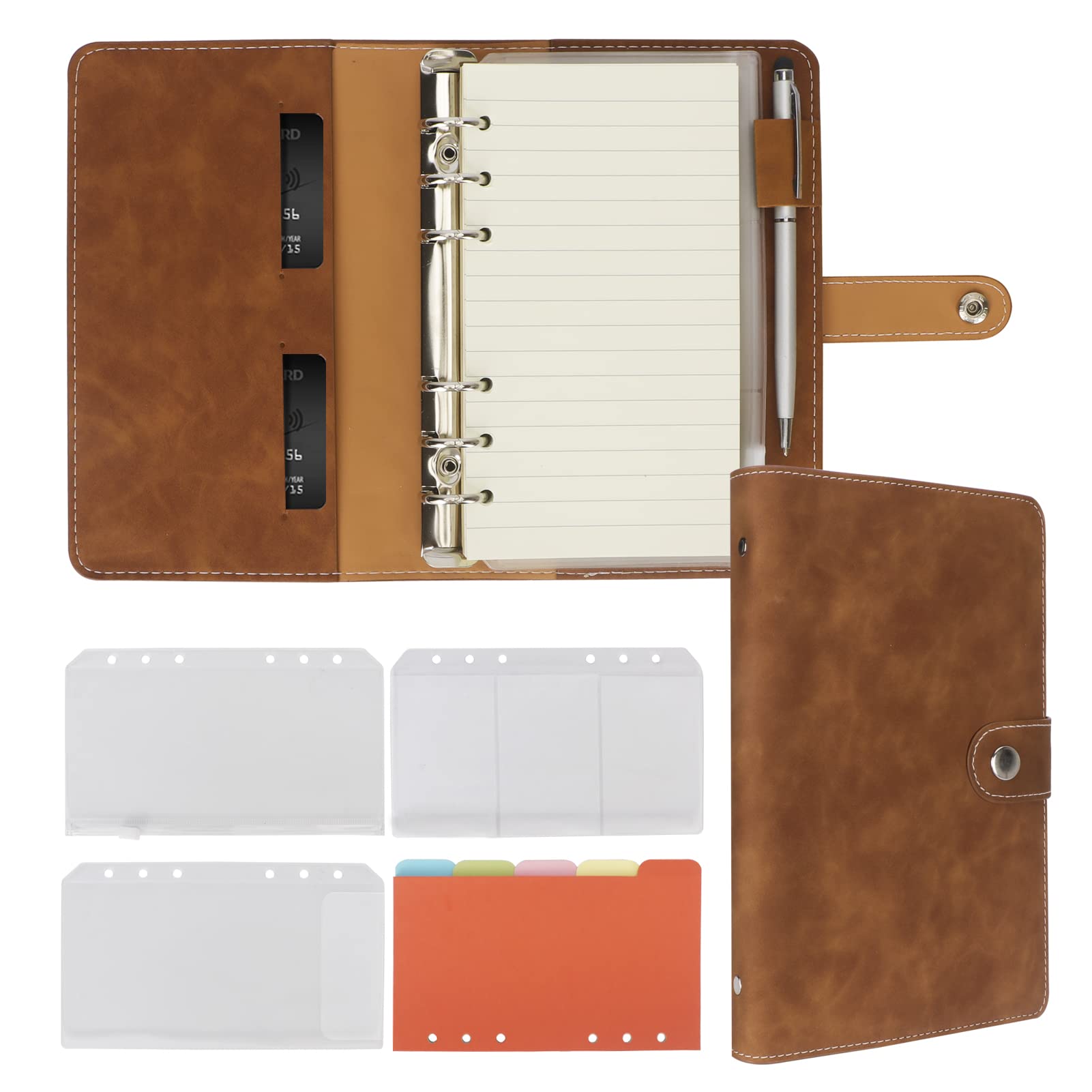 FYY A6 Binder Refillable Planner Notebook 6 Ring, Brown