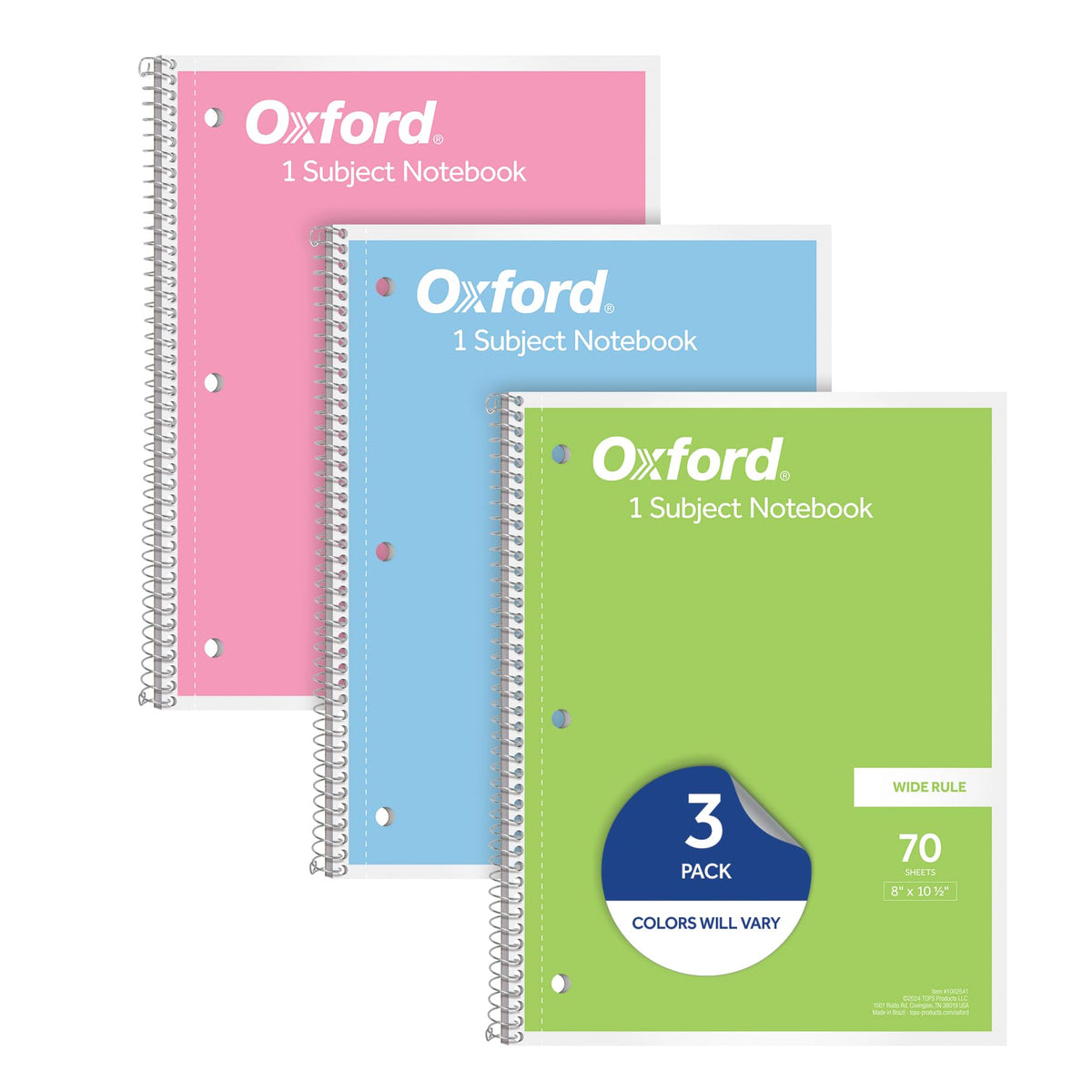 Oxford Spiral Notebooks, 3 Pack, 1 Subject, Wide Ruled Notebooks for School, 8 x 10.5 Inches, 70