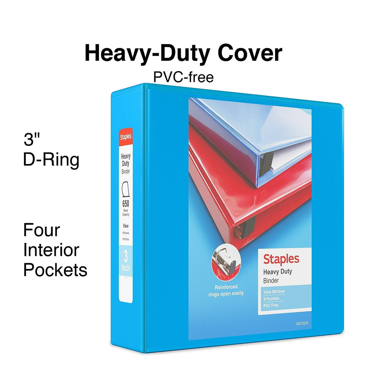 Staples Heavy-Duty 3-Inch D-Ring View Binder, Light Blue, 600 Sheets