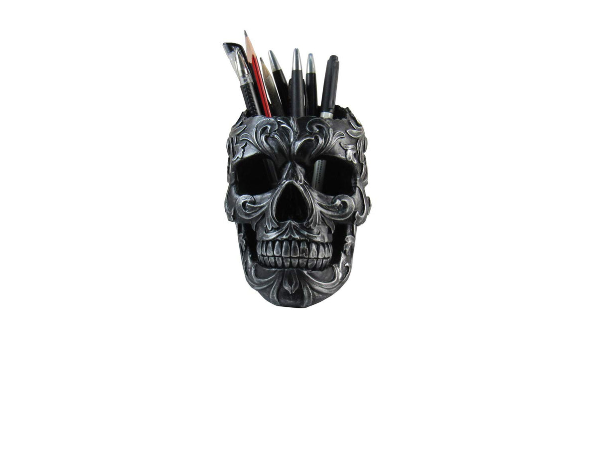 DWK Skull Victorian Gothic Decorative Pen Holder | Goth Office Supplies and Black Desk Organizers