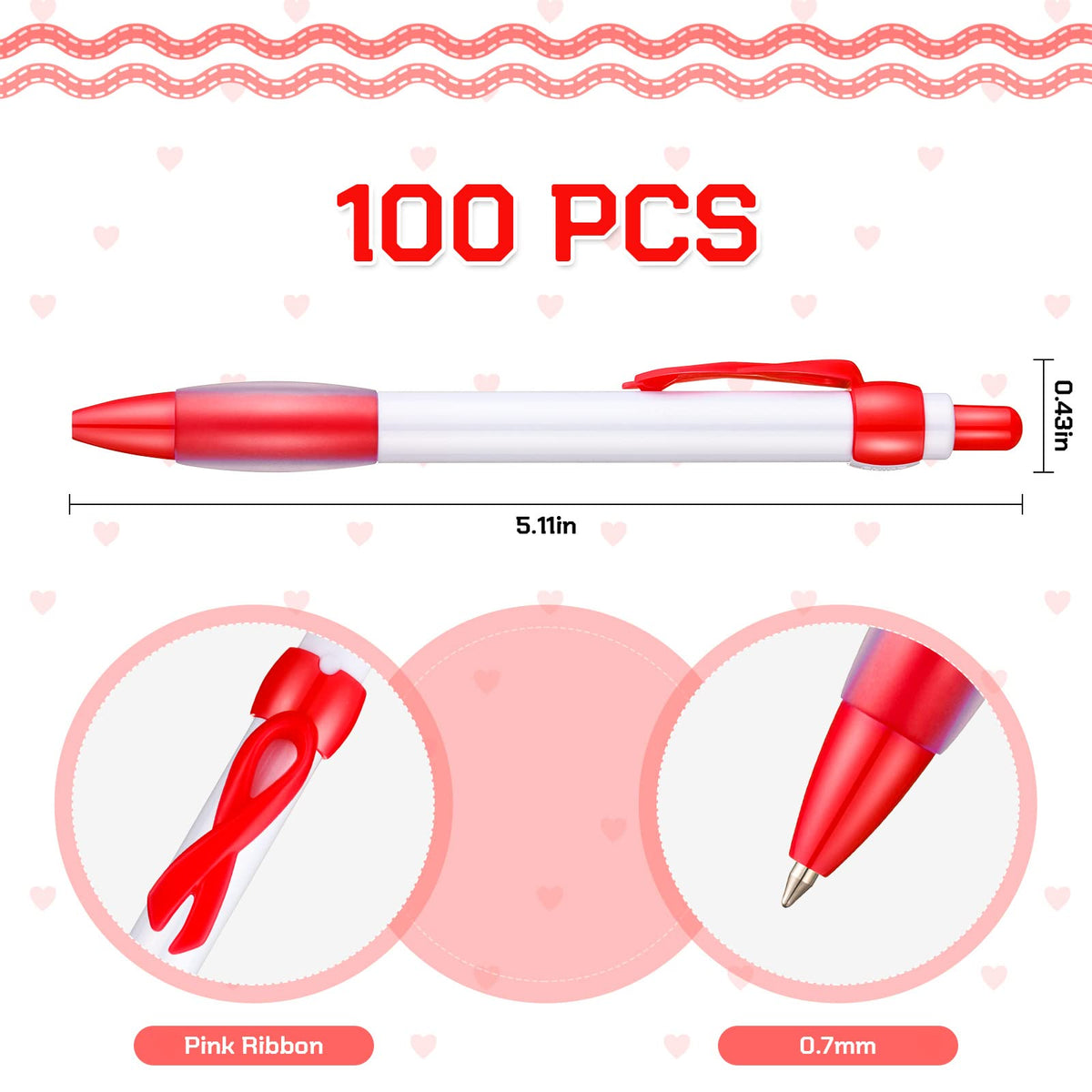 Yexiya 100 Pcs Heart Disease Awareness Pen Red Ribbon Pen Bulk, Black Ink