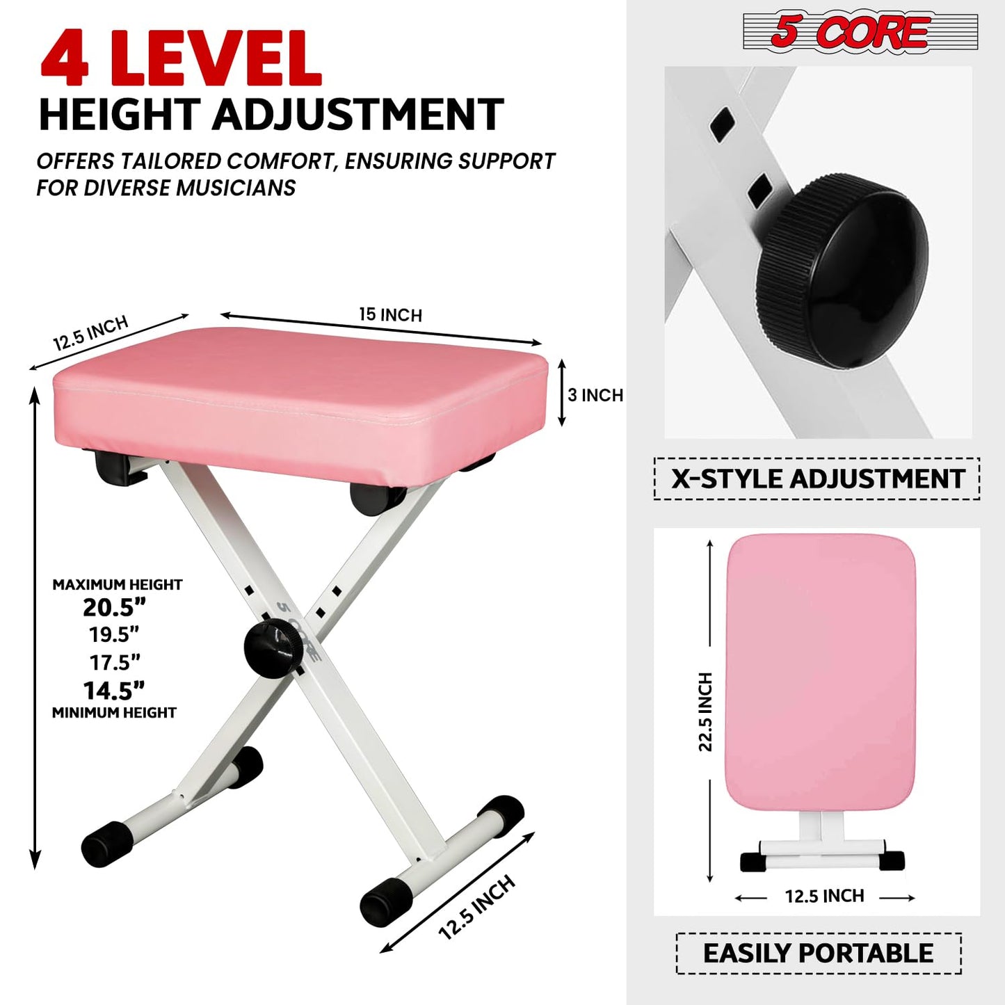 5 CORE Keyboard Bench 3 Inch Padded Seat Adjustable Piano Stool X-Style 20.5 Inch Height