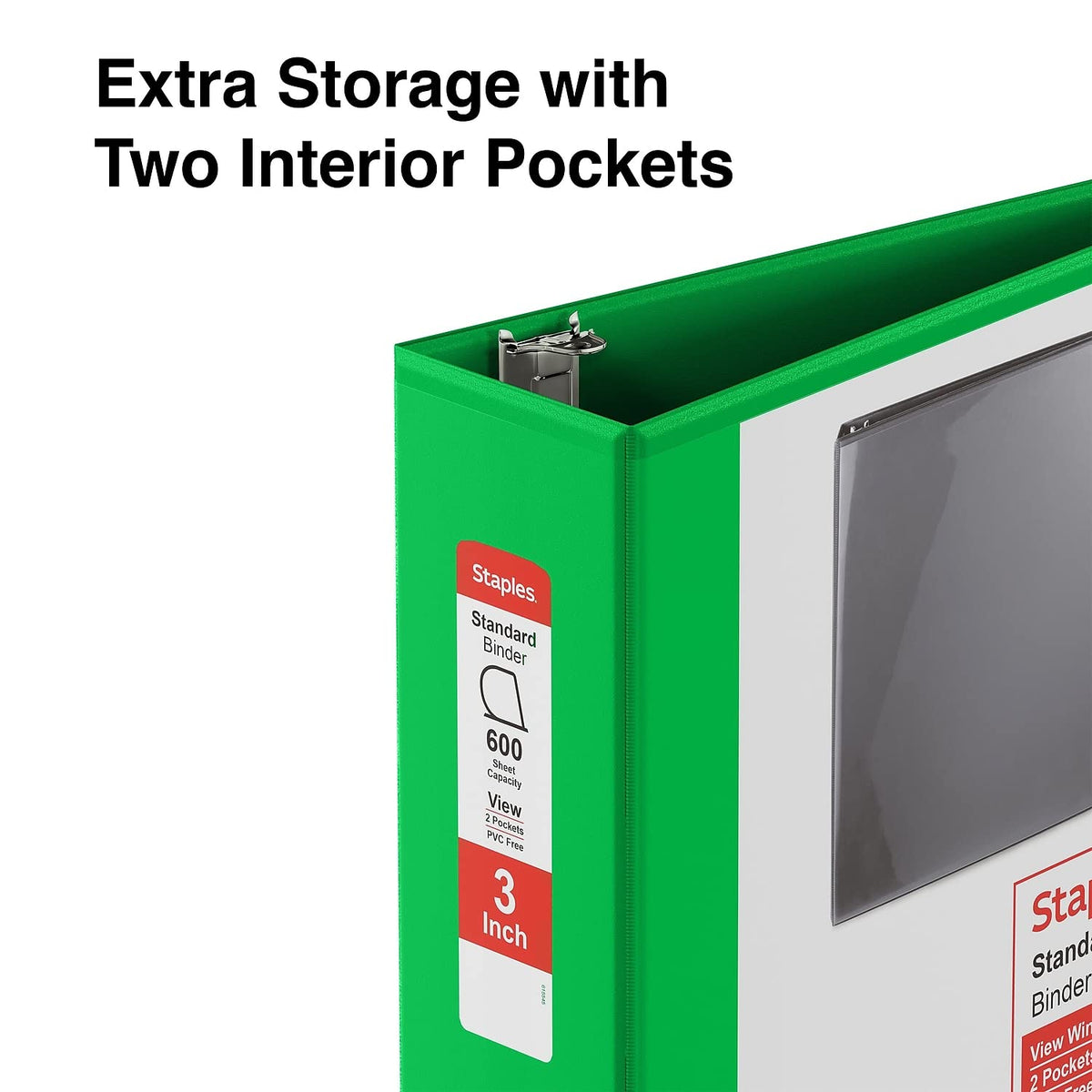 Staples Standard 3-Inch D-Ring Non-View Binder, Green, 600 Sheets