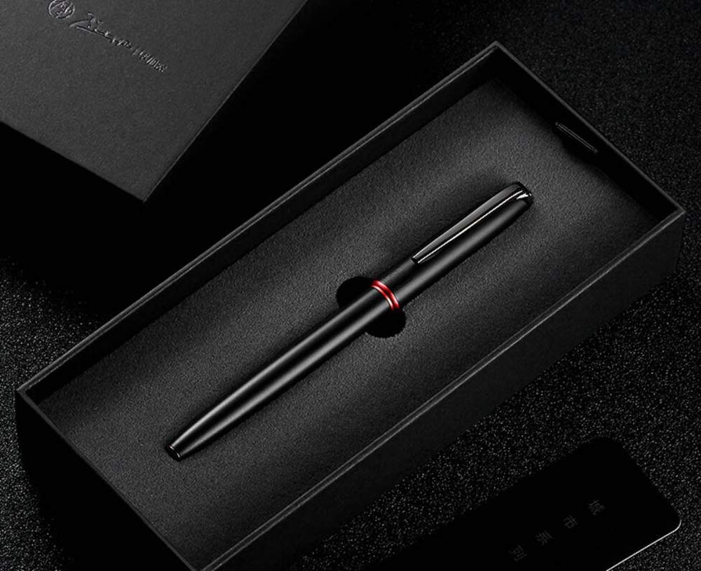erofa Picasso 916 Matte Black & Red Ring Fountain Pen with Box - Titanium Gray Bent Nib