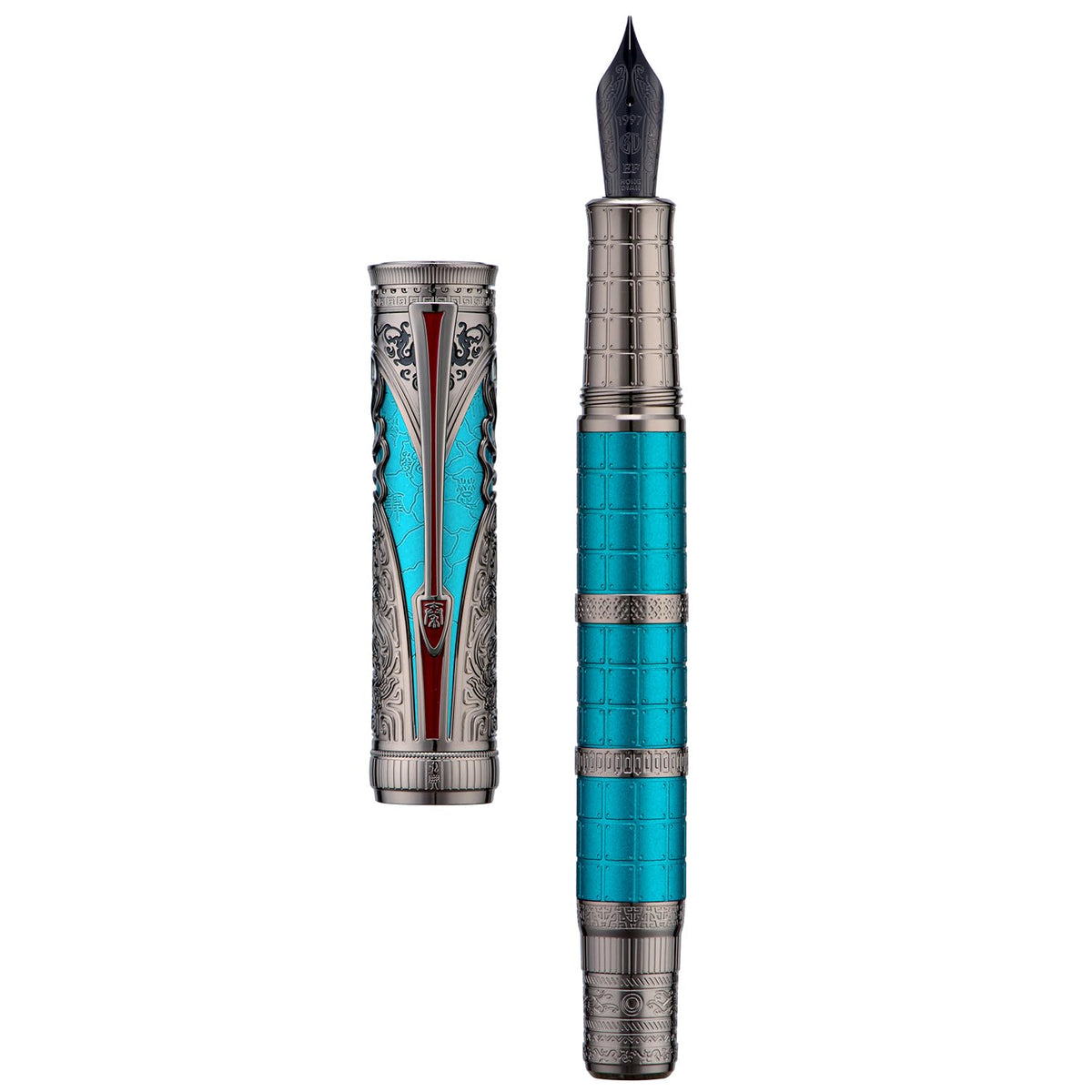 Hongdian D5X Fountain Pen Turquoise Color Fine Nib, Qin Dynasty Retro Chinese Totem Engraving