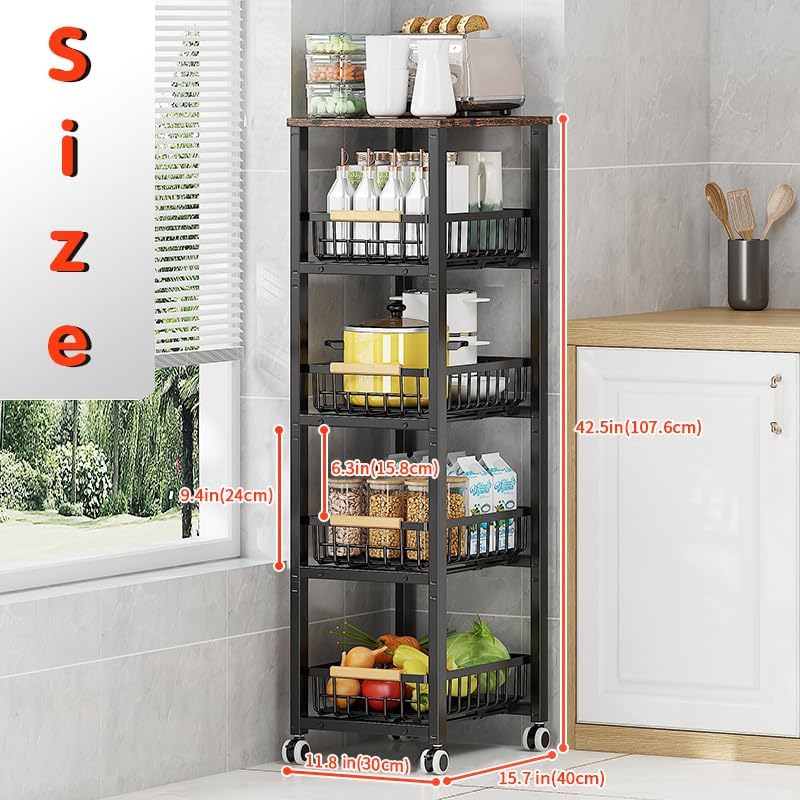 KOLENSA Metal Wire Baskets with Wheels, Stackable Storage Bins Kitchen Organizer Shelf, Multi Layer