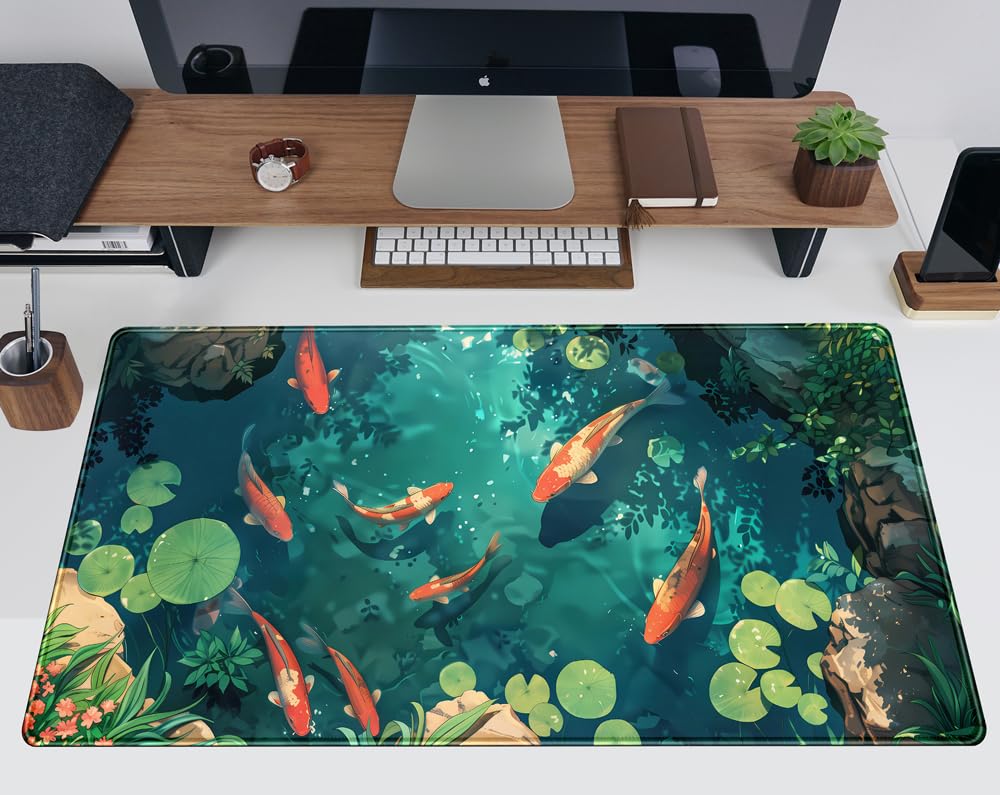 Koi Fish Desk Mat Gaming Koi Pond Desk Pad Large Cute Mouse Pad, Goldfish Mouse Mat XXL Laptop