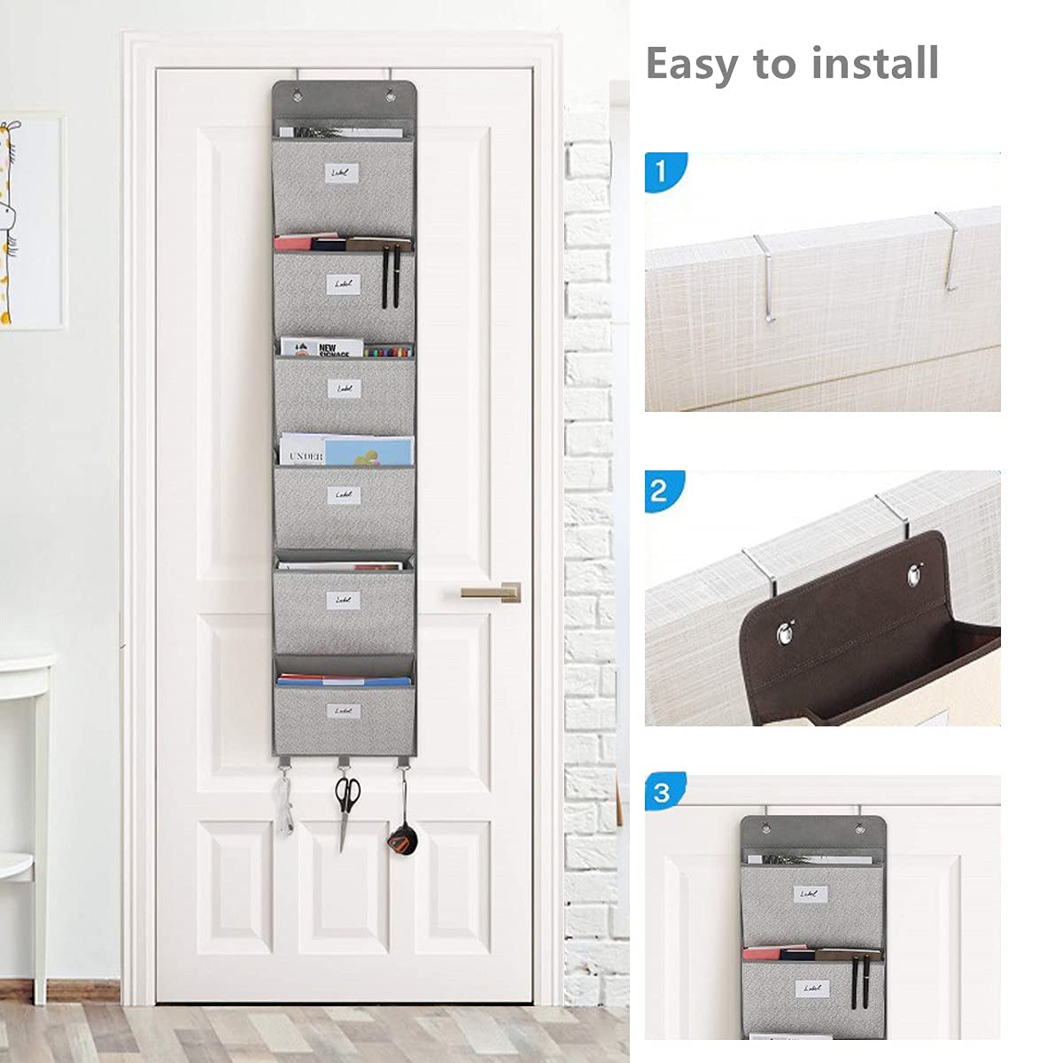 Geodurn Over The Door File Organizer - 6 Extra Large Pockets Hanging Wall Mounted Storage Files