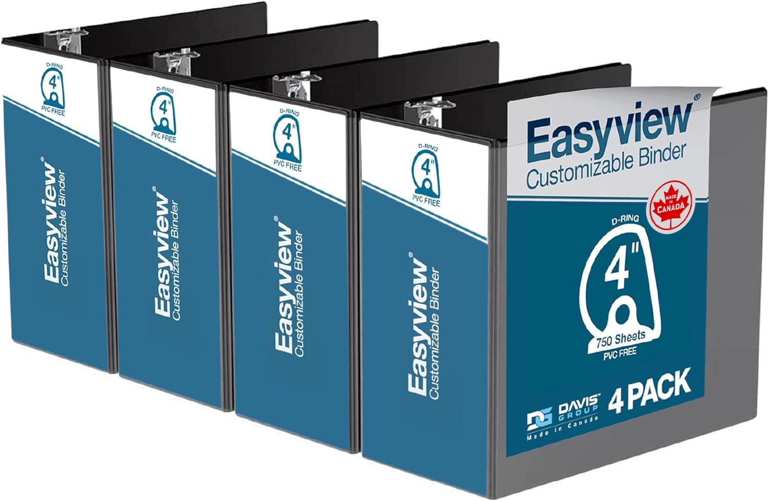Easyview 3-Ring Binder, Clear-View Cover, 4" D Rings, Black, 4 Pack