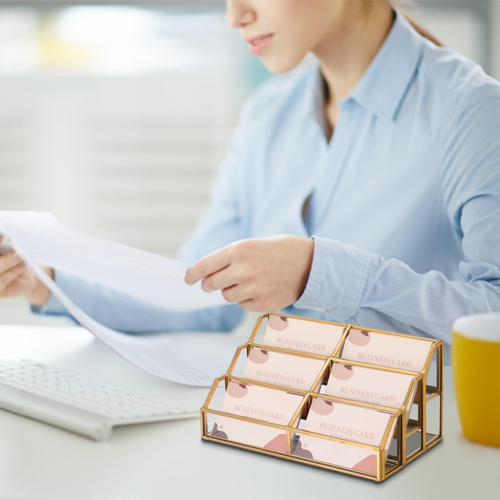Hipiwe Gold Glass Business Card Holder for Desk, 6-Slot Can Holds 400 Cards