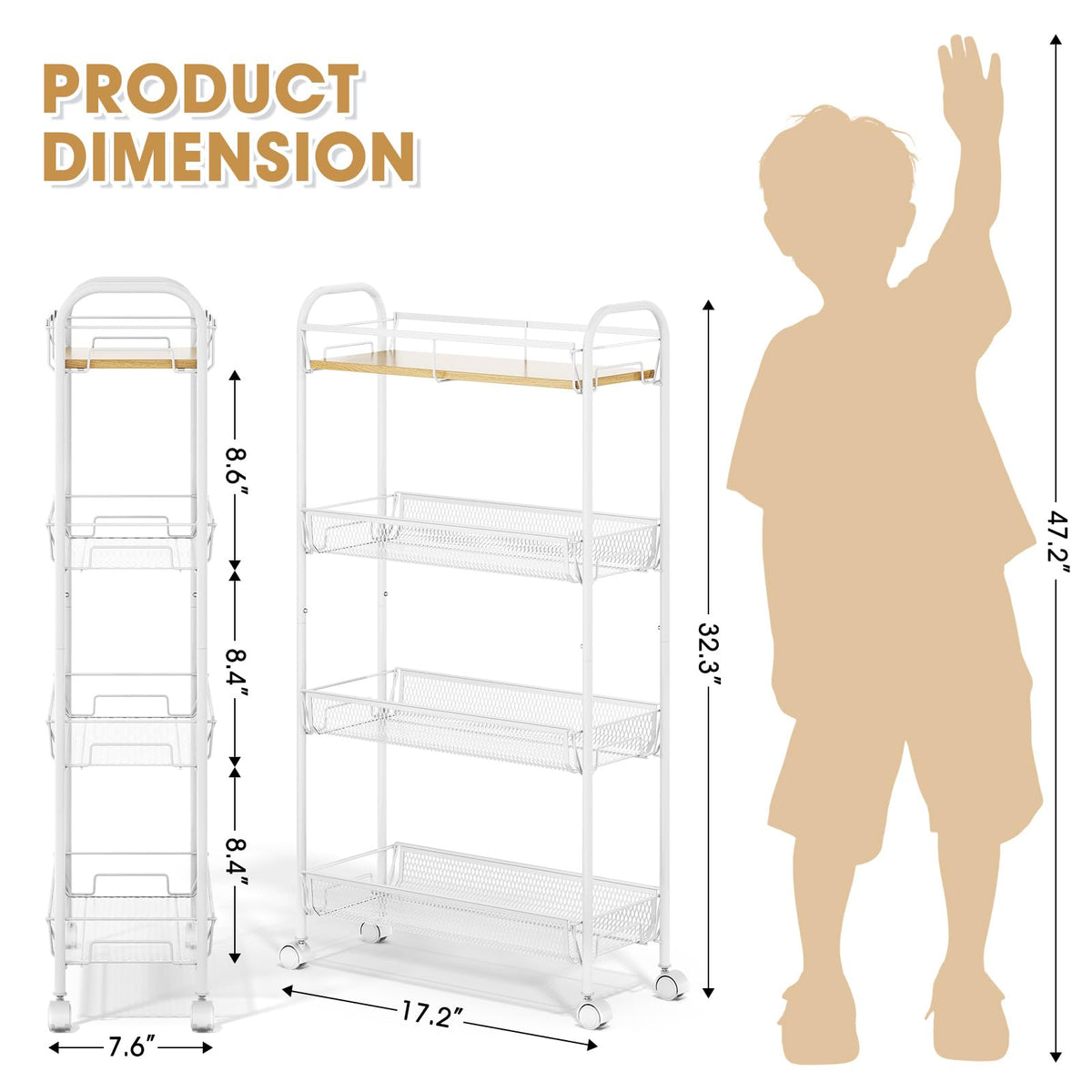 TOOLF 4-Tier Slim Rolling Cart, Metal Utility Cart, Slide Out Storage Cart with Wooden Tabletop and