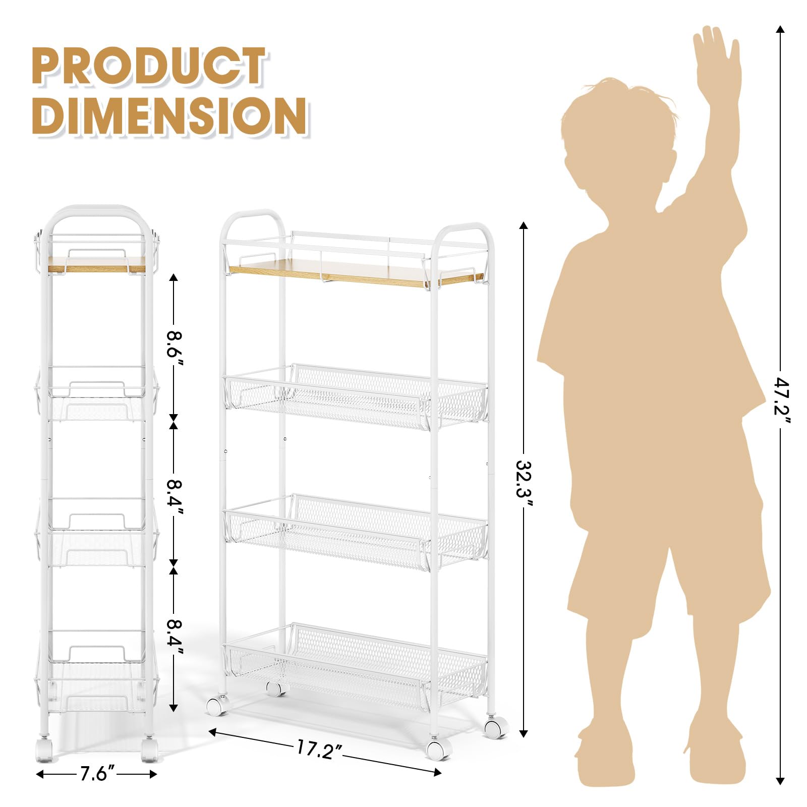 TOOLF 4-Tier Slim Rolling Cart, Metal Utility Cart, Slide Out Storage Cart with Wooden Tabletop and