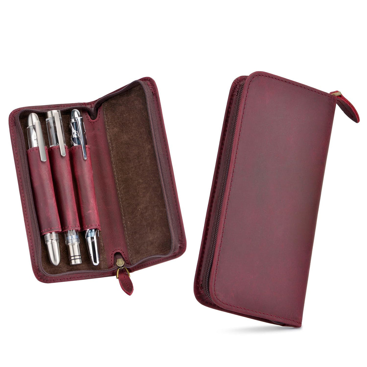 Asvine Fountain Pen Case 3 Divided Slots Crazy Horse Leather Pen Holder, Handmade Display Zippered
