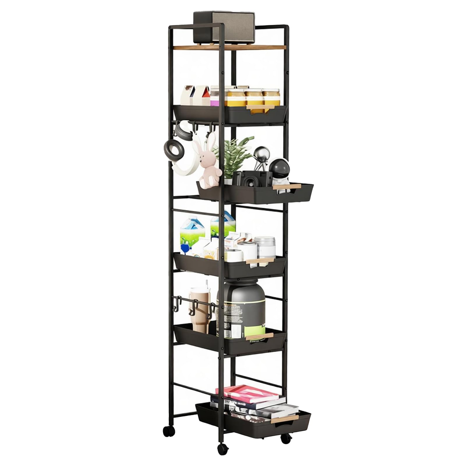 MAYBOSS 6-Tier Slim Rolling Storage Cart with Wheels, Metal Organizer Tall Rolling Cart, Wood Top