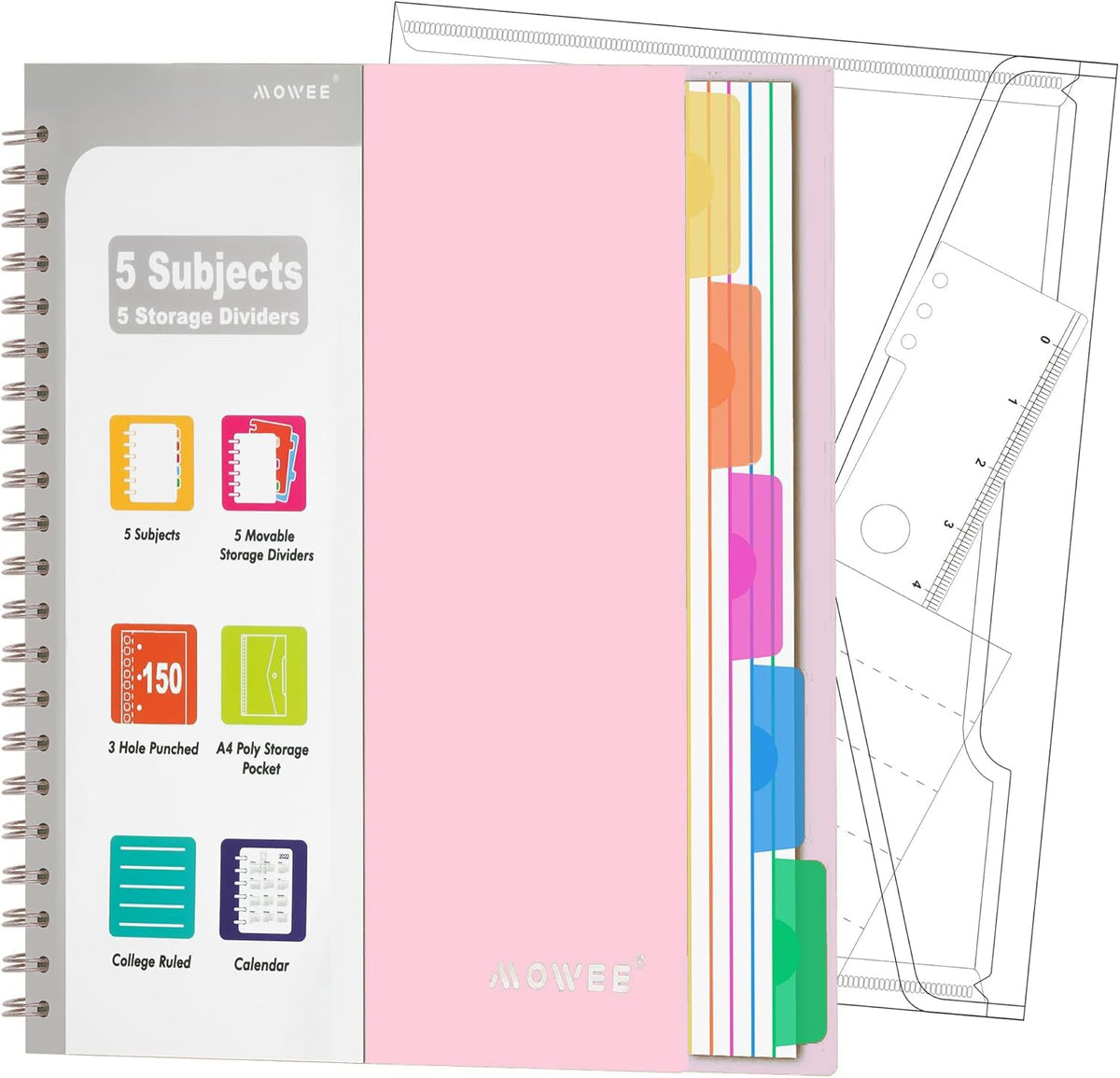 MOWEE 5-Subject Spiral Notebook, College Ruled, with Pocket & Tab Dividers