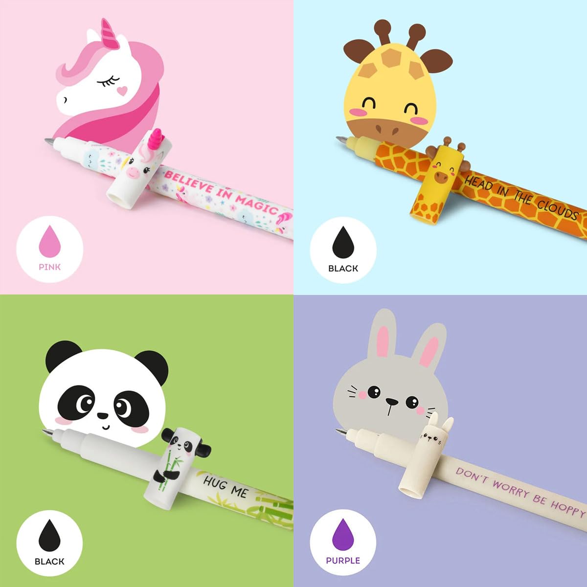 LEGAMI Set of 9 erasable gel pens with new monster pen set with shark, giraffe, bunny, panda