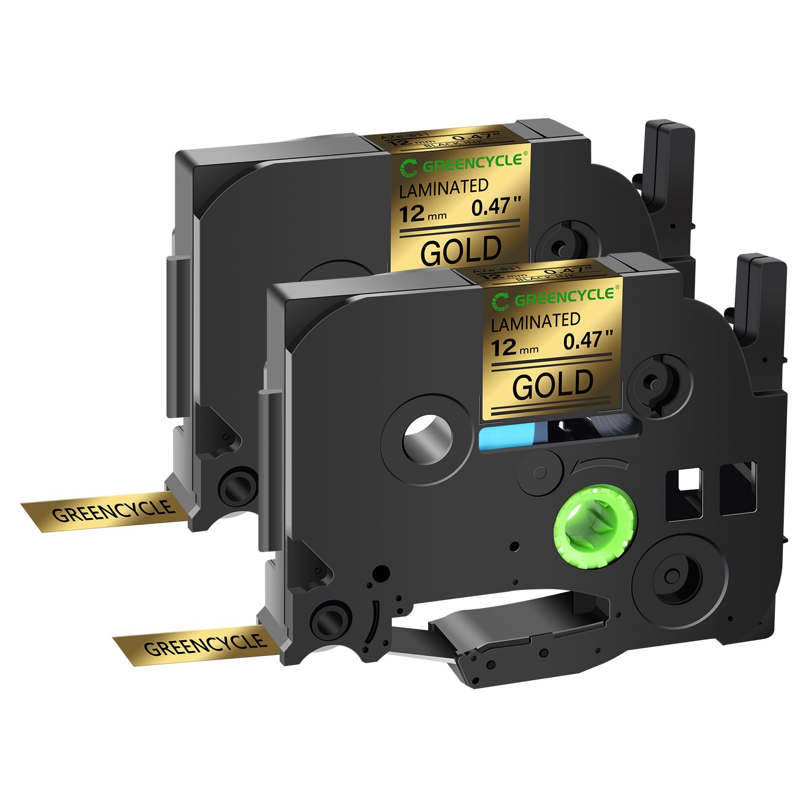 GREENCYCLE 2 Pack Replacement AZE Tapes 12mm 0.47 Inch 1/2" Black on Gold Laminated Label Tape