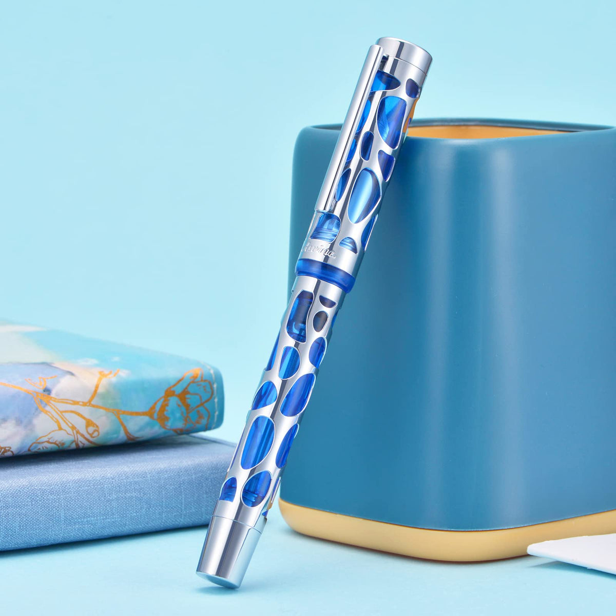 Asvine V169 Vacuum Filling Fountain Pen Medium Nib, Water Drop Skeleton Transparent Blue Acrylic