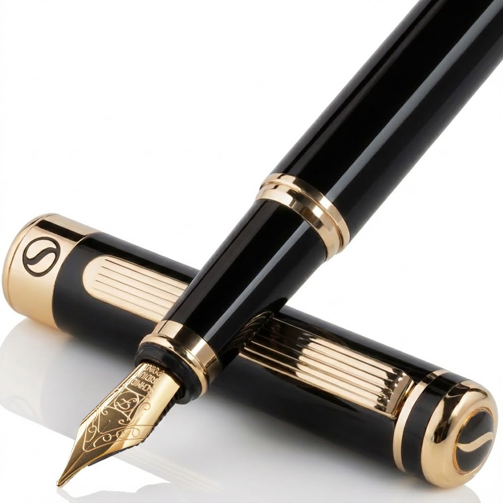 Scriveiner Luxury Fountain Pen - Stunning Black Lacquer Pen, Real Gold Finish, Schmidt Gilded Nib