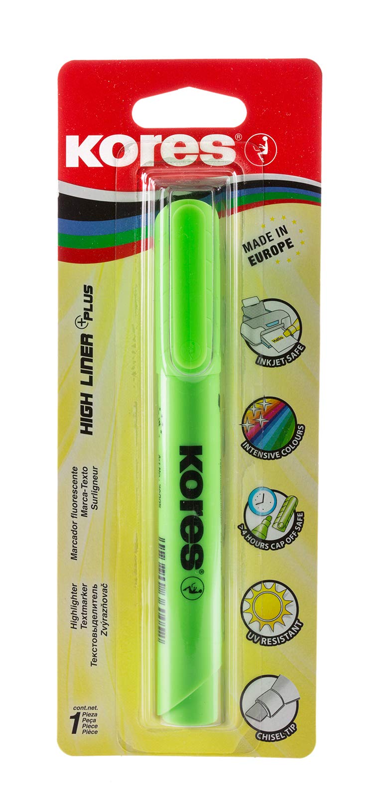 Kores High Liner Plus Highlighter Pens, Chisel Tip, Green, Blister Pack of 1