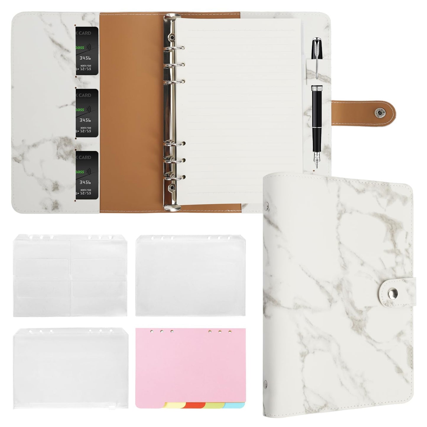 FYY A5 Binder Refillable Planner Notebook 6 Ring, Marble White