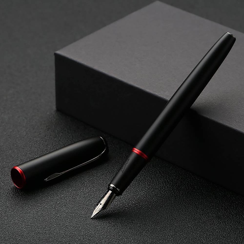erofa Picasso 916 Matte Black & Red Ring Fountain Pen with Box - Titanium Gray Extra Fine Nib