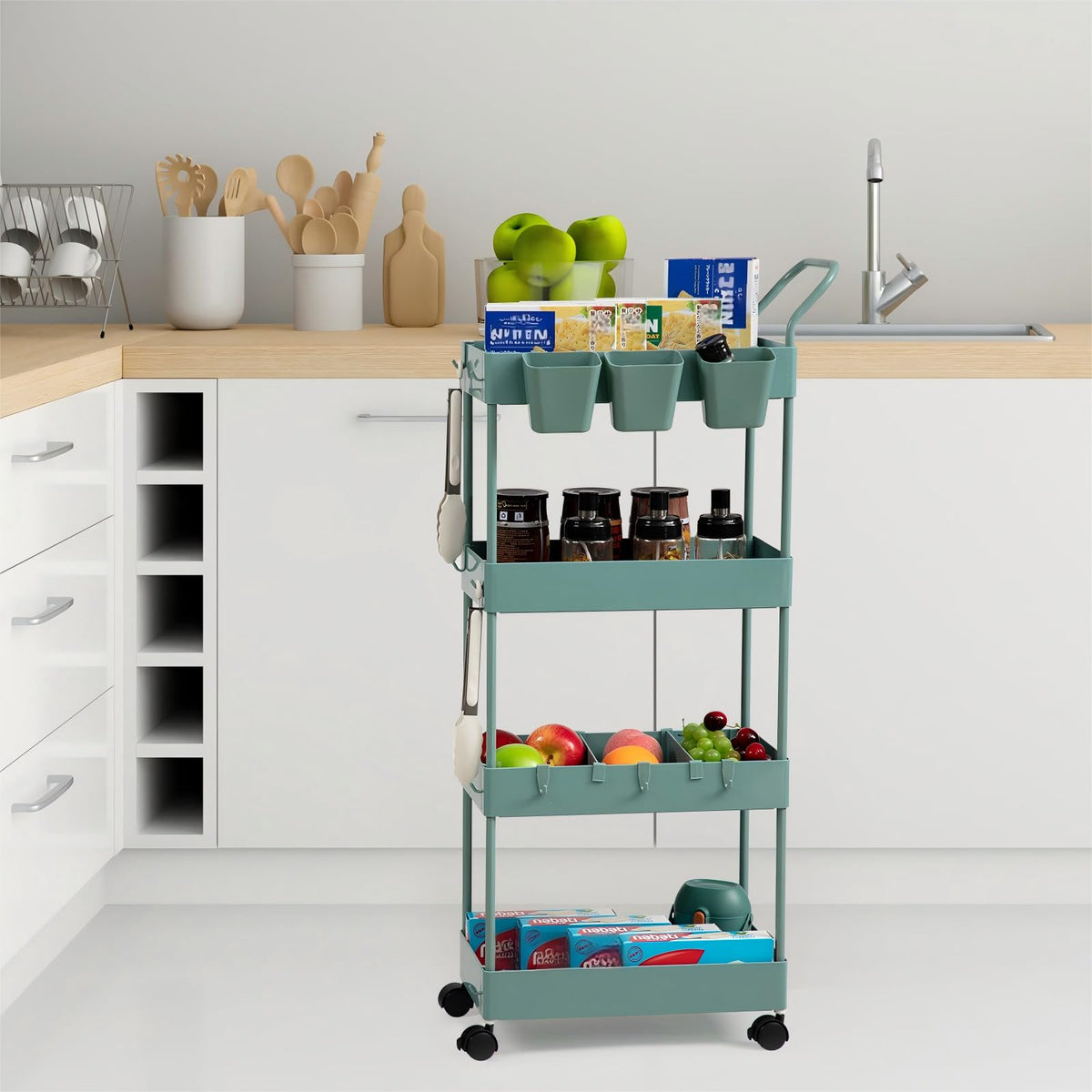 danpinera Slim Storage Cart on Wheels, 4 Tier Narrow Laundry Cart with Hooks Hanging Cups Dividers