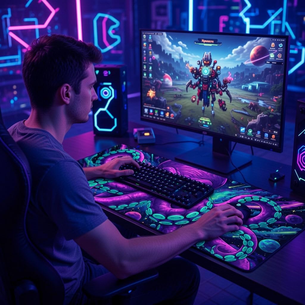 SparkLia Blacklight Octopus Mouse Pad – UV Reactive Neon Tentacle Galaxy Desk Mat, Glow in The Dark