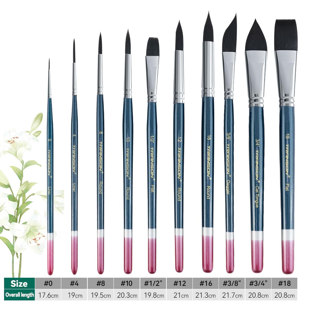 Transon 10pcs Natural Watercolor Paint Brush Set Professional for Watercolor Acrylic Ink Gouache