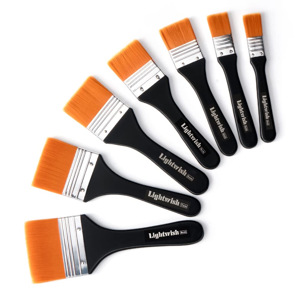 LIGHTWISH Set of 7 Flat Paint Brushes for Applying Gesso, Acrylic Paint, Oil Paint, Watercolor