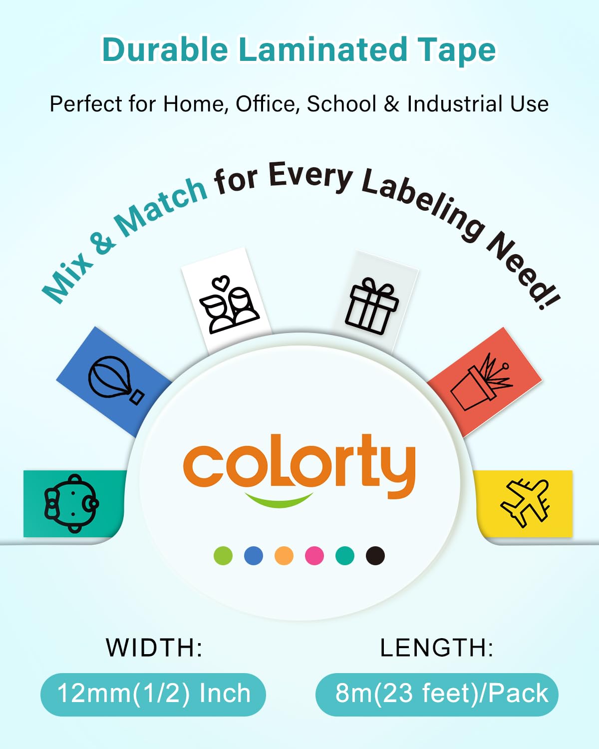 Colorty 12mm Colored Label Tape Replacement for Brother Label Maker Tape