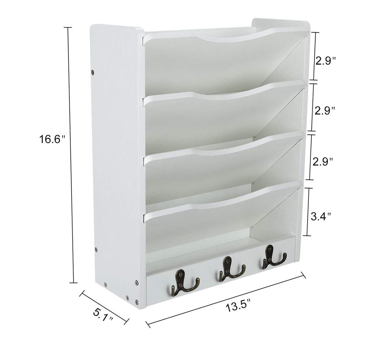 PAG-Mass 5-Tier Wall File Holder Hanging Mail Organizer Wood Magazine Literature Rack with 6 Hooks