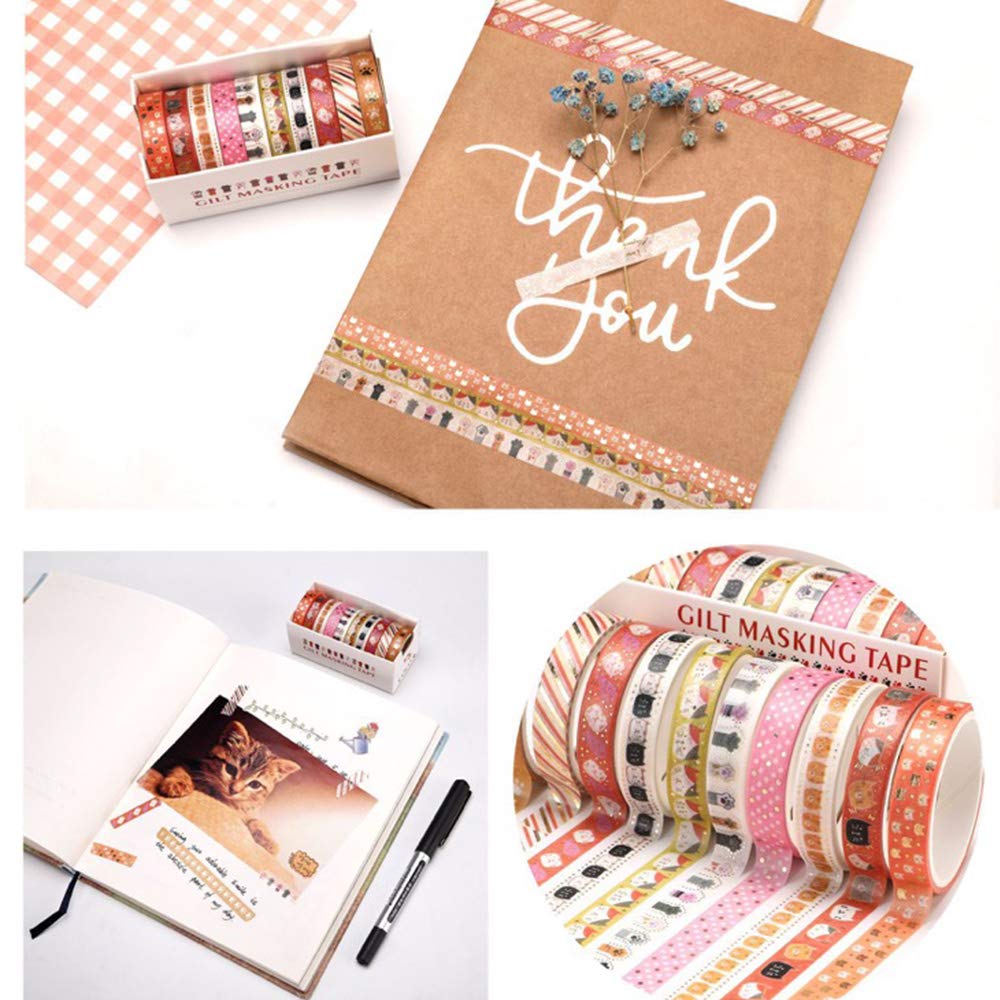 YUBBAEX 10 Rolls Sparkling Washi Tape Set 8mm Skinny Gold Foil Decorative Masking Washi Tapes for