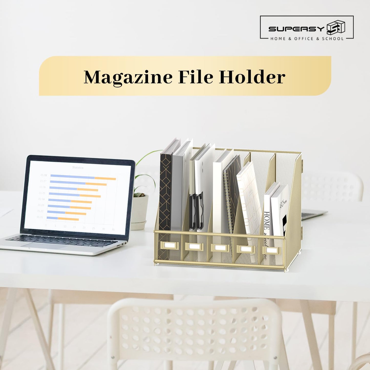 SUPEASY Desk Organizers Metal Desk Magazine File Holder with 5 Vertical Compartments Rack File