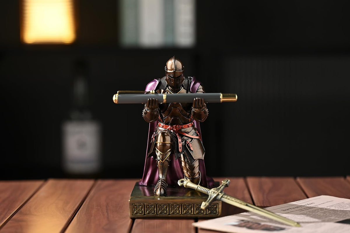 Medieval Armored Knight Pen Holder Figurine Paperweight Phone Stand Brn&Pur