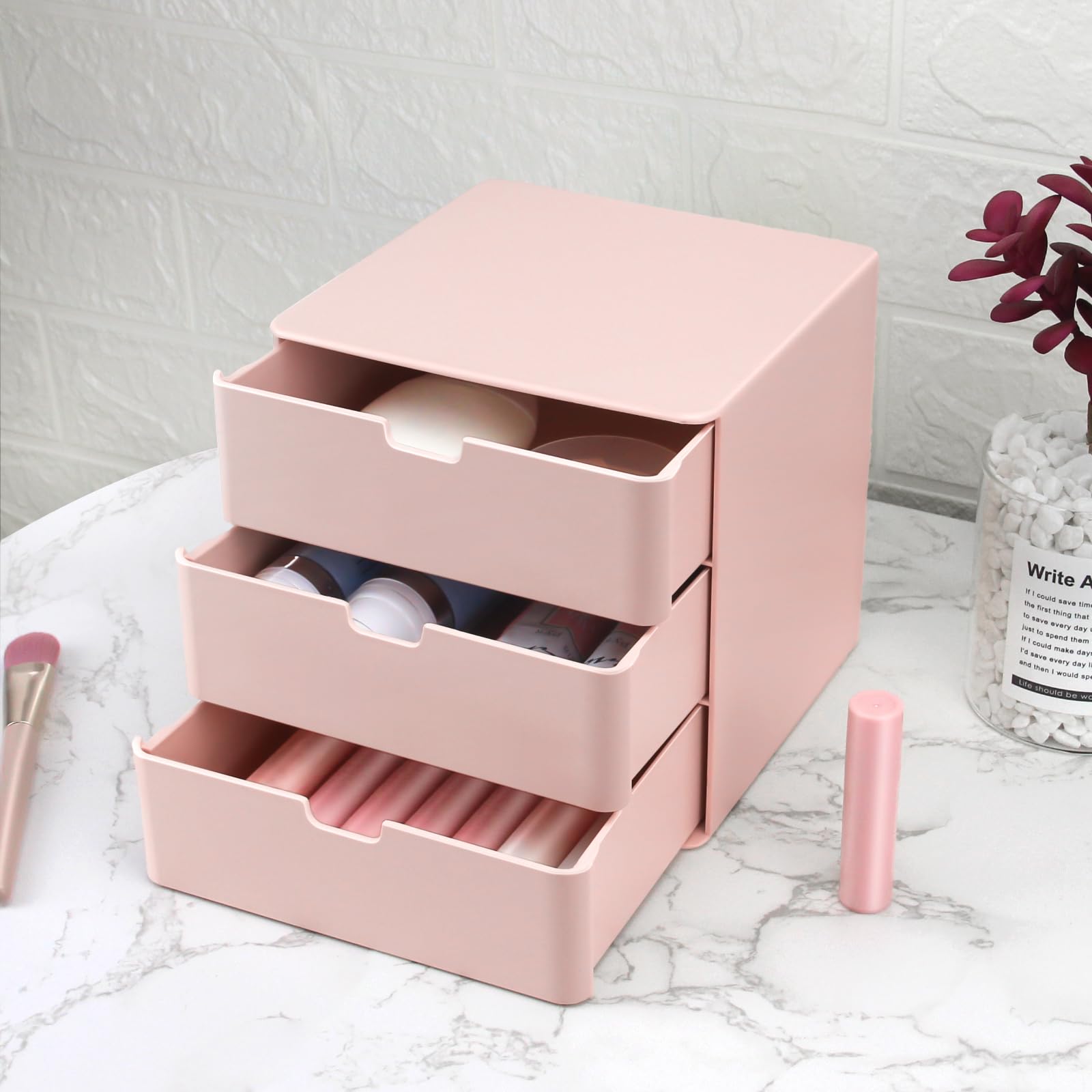 Dalanpa 3-Drawer Vanity Organizer, Compact Storage Organization Drawers Small Size Pink