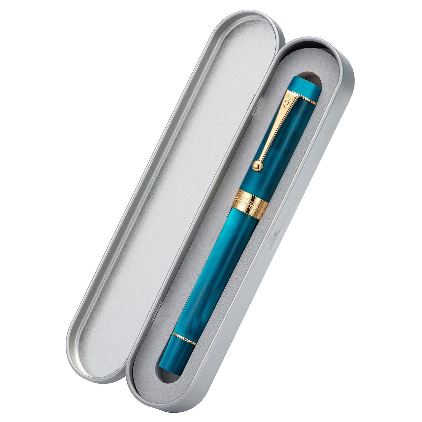 Jinhao Classic Fountain Pen Peacock Blue Celluloid, Extra Fine Nib with Conveter and Pen Case Set