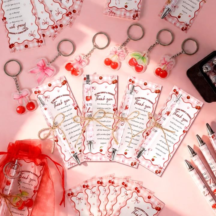 EYNDYN 145 Pieces Cherry Baby Shower Gifts for Guest Cherry on Top Ballpoint Pens and Keychains