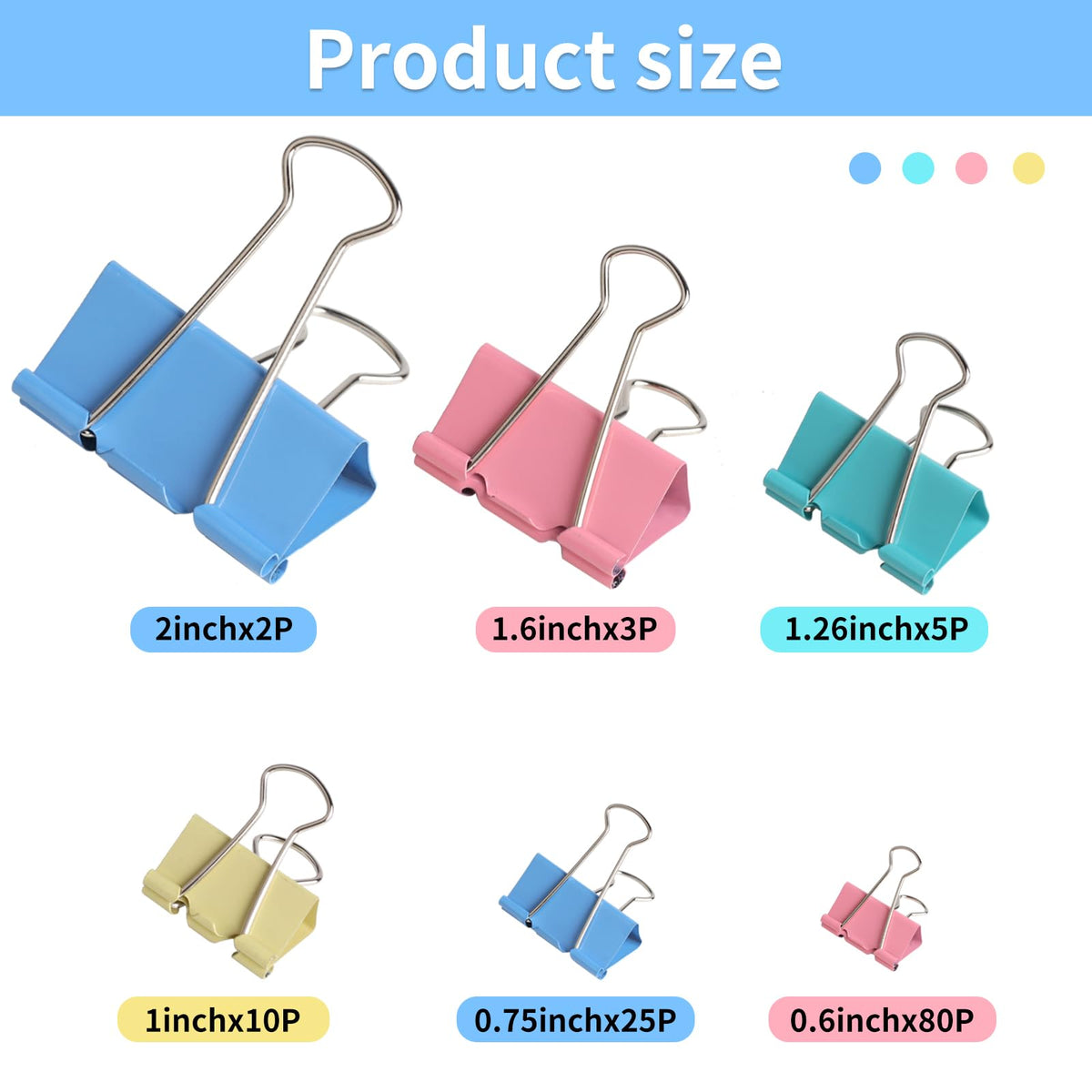 Joyberg 125Pcs Binder Clips Colored, Binder Clips Assorted Sizes, 6 Sizes Binder Paper Clips for