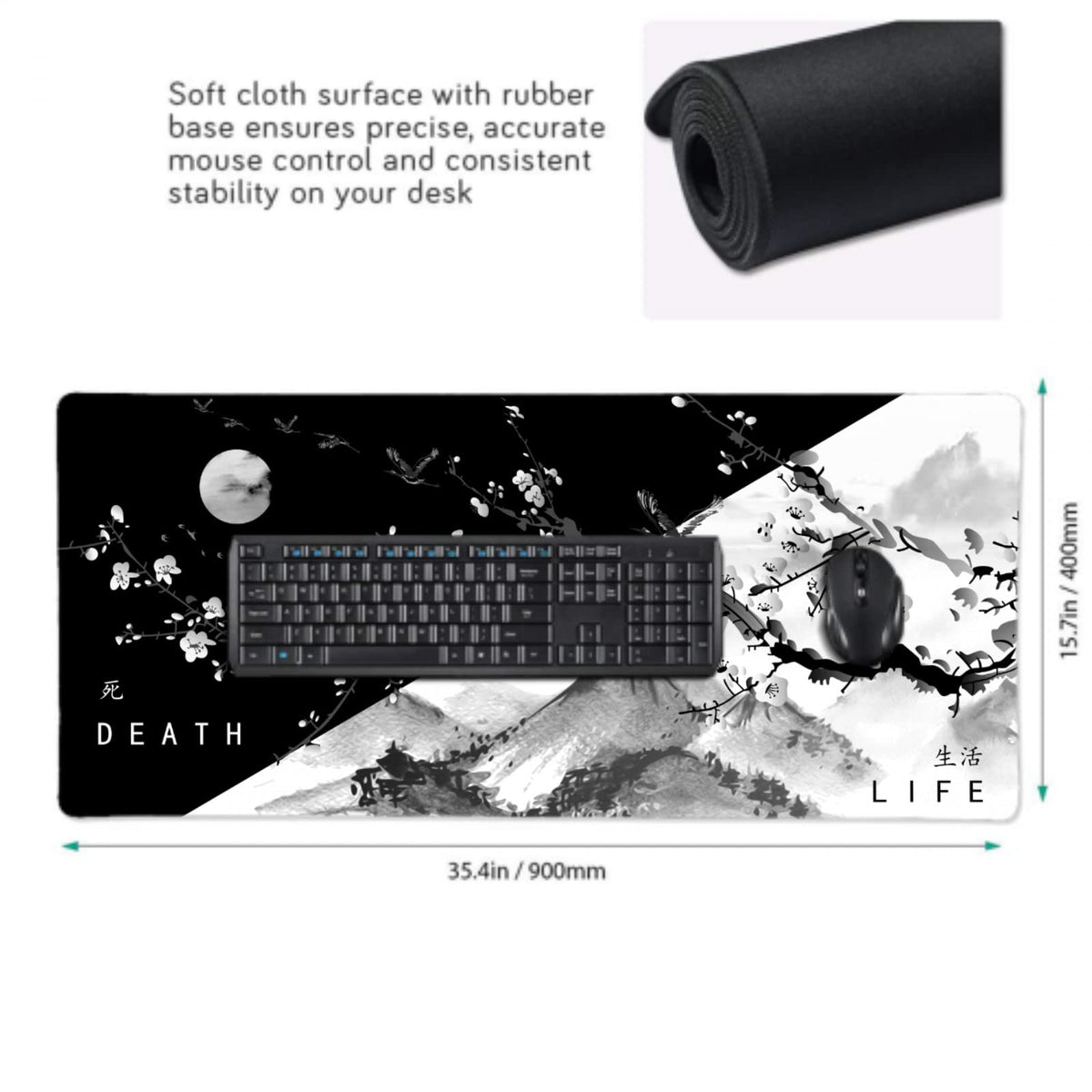 Sakura Death Life Black and White Cherry Blossom Pattern Extended Large Mouse Pad Non-Slip Rubber